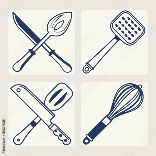 Collection of stylized kitchen utensils including a knife and spoon meat tenderizer cleaver and spatula and whisk