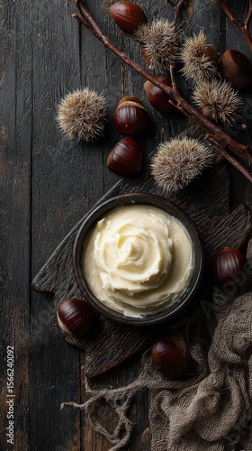 Shea butter with roasted chestnuts and twigs on dark wood – 9:16 vertical
