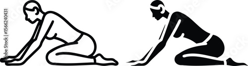 Woman in Yoga Stretch Pose Silhouette Icon in Black and White Vector Illustration
