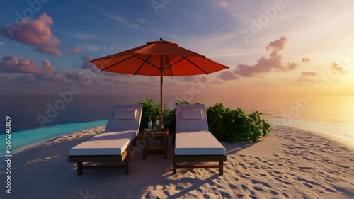 Tiny tropical island with lounge chairs and umbrella at sunset, airplane flying overhead creating dreamy travel escape concept
