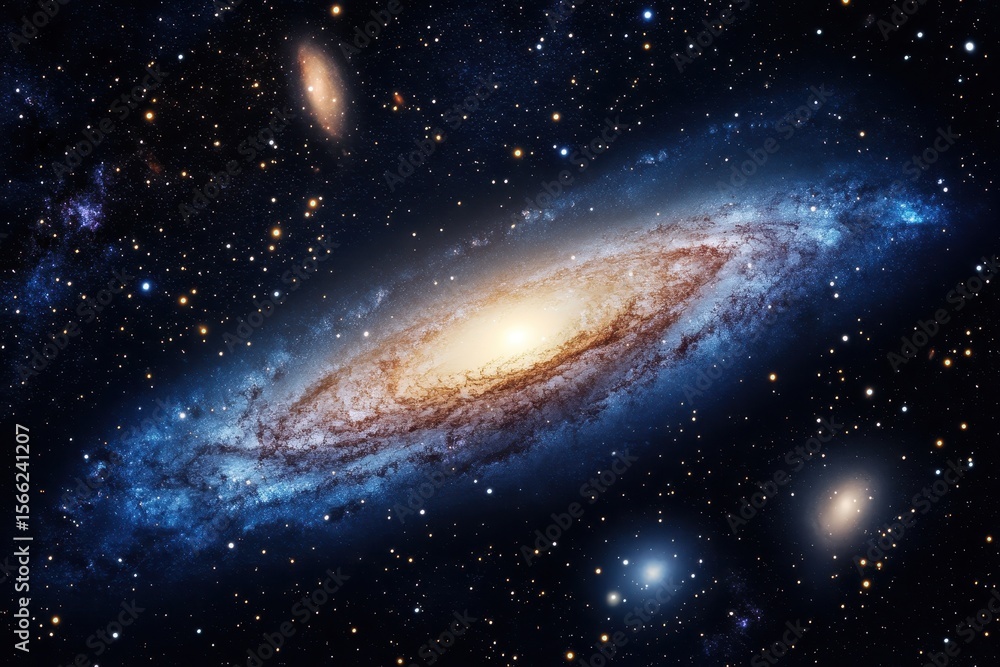 Fototapeta premium Stunning view of a blue galaxy and vibrant nebula in deep space illuminated by distant stars, blue galaxy and nebula space background
