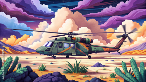 Desert War Scene with Military helicopter and Dust Storm cartoon Conflict Zone ideal for conflict zone illustrations, military game assets, posters, and educational visuals