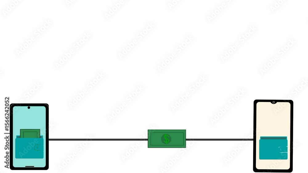 Digital wallet transfer animation between smartphones with copy space. Mobile payment concept. Wireless transaction. Modern fintech interface. Seamless money flow.