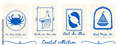 Poster set with crab, wine bottle and glass, dolphins, and boat - vibrant summer wall art poster collection