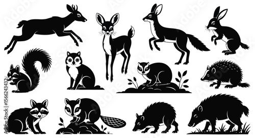 Silhouette illustrations of woodland animals including deer, fox, rabbit, squirrel, raccoon, and hedgehog isolated on white background