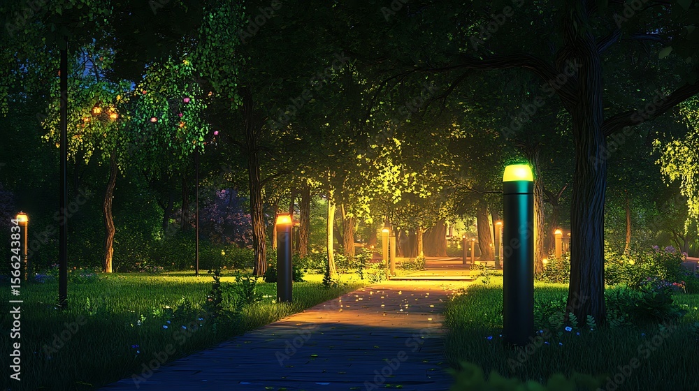 Obraz premium A peaceful green park featuring solar panels under bright sunlight promoting clean renewable energy