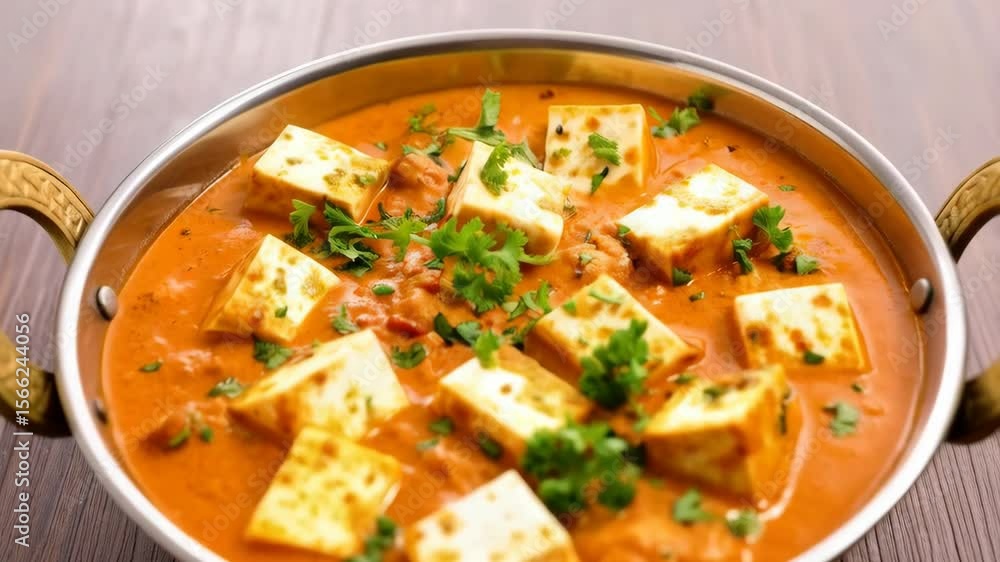 Delicious paneer butter masala in a bowl, creamy orange sauce with cheese cubes, garnished with cilantro on a wooden table. Delicious paneer butter masala in a bowl, creamy orange sauce with cheese cubes, garnished with cilantro on a wooden table.