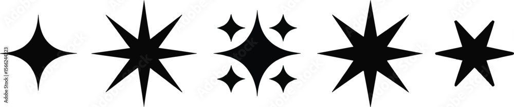 Collection of black starburst and sparkle shapes on white background Collection of black starburst and sparkle shapes on white background