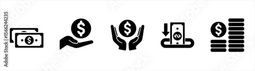 Finance icons as finance, cash, earning in black filled color Pro Vector
