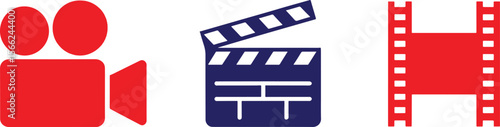 Classic red and blue film industry icons camera clapperboard and film reel