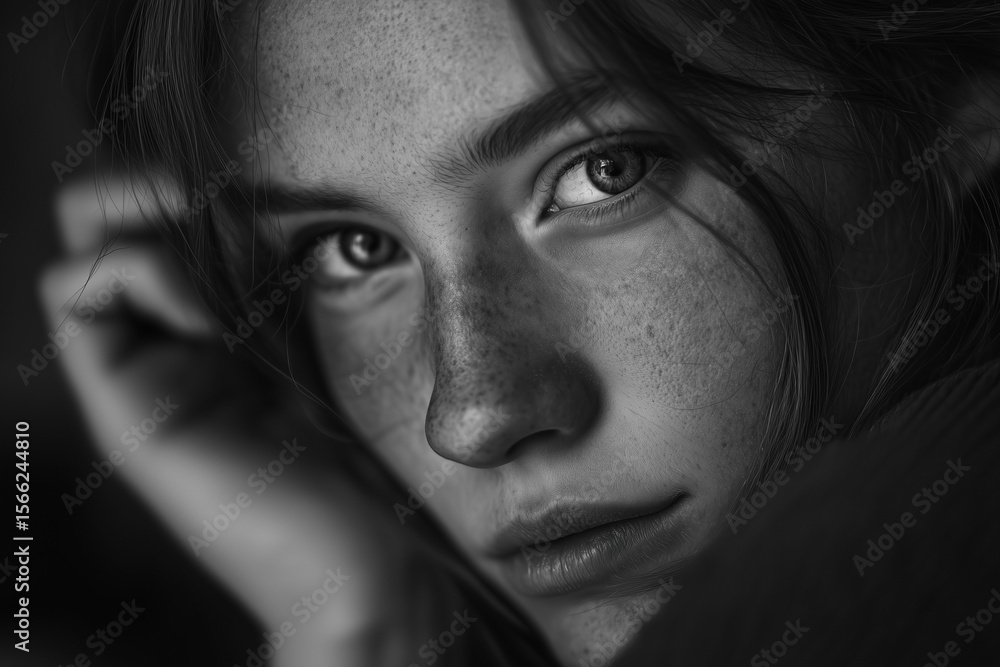 Fototapeta premium ai close-up portrait of a young woman with striking freckles in soft monochrome