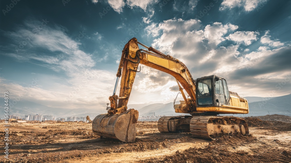 Excavator Machinery on Construction Site with Dramatic Sky and Mountain Background at Dusk Excavator Machinery on Construction Site with Dramatic Sky and Mountain Background at Dusk
