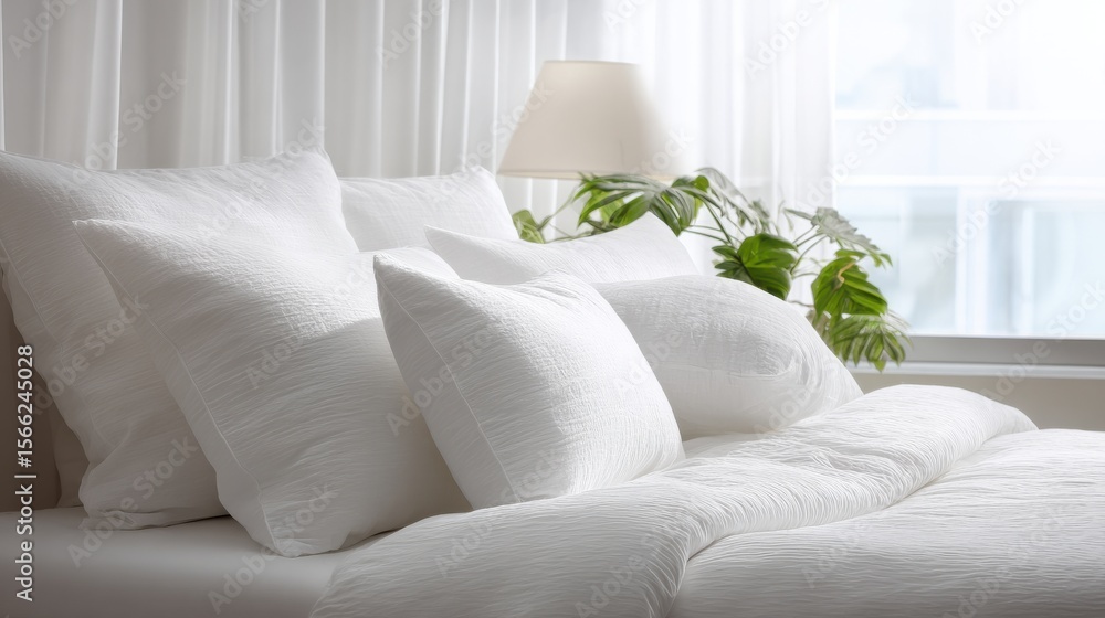 Obraz premium Cozy and Inviting Bedroom Scene with Soft White Pillows and Plush Bedding Accentuated by Natural Light