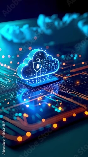 Digital cloud data security protection with glowing circuit board background concept, networking and data protection metaphor.