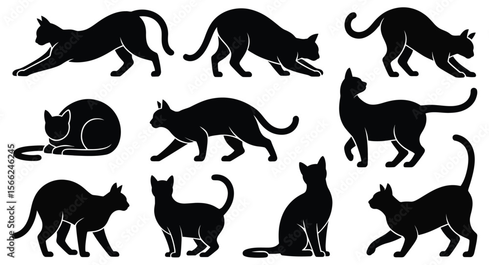 Obraz premium Black cat silhouette illustrations in various poses including sitting, stretching, walking and playing — ideal for graphic design projects