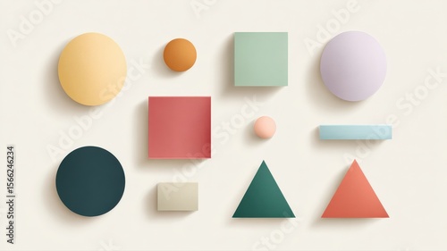A collection of minimalist geometric shapes (circles, squares, triangles) in a soft pastel palette, arranged artistically