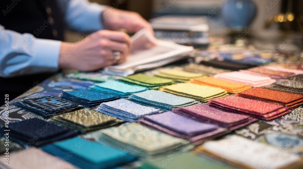 Fototapeta premium Colorful Fabric Swatches with Designer Hand Selecting Material for Interior Decoration and Upholstery Projects