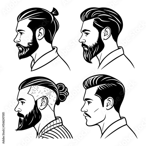 Diverse male hairstyles and beard styles beards line drawing