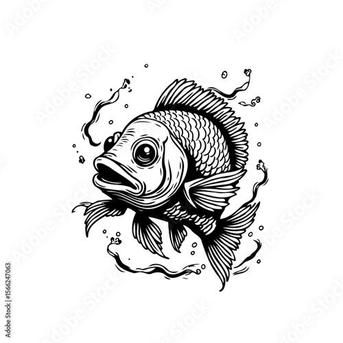 Artistic depiction of a fish with detailed scales in black and white artwork illustration drawing