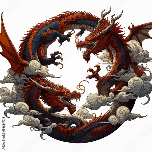 Detailed illustration of two dragons in a circular design, set against a backdrop of swirling clouds.  The dragons are intertwined and feature intricate details like wings, claws, and scales.
