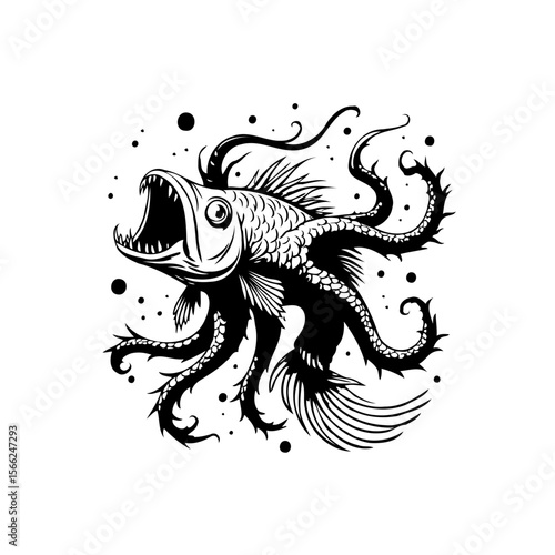 Monochrome illustration of a monstrous anglerfish creature with tentacles suitable for fantasy or horror designs art projects