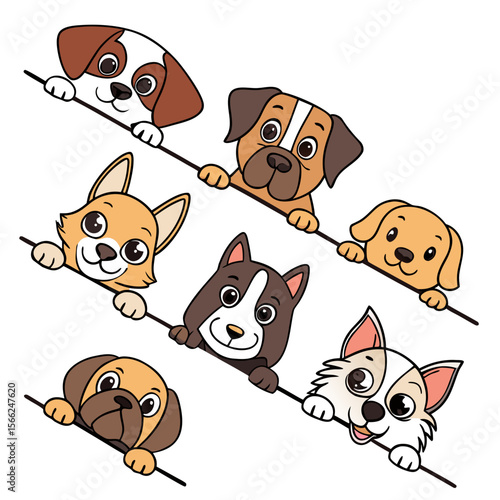 Seven cartoon dogs peeking over a line puppies cute