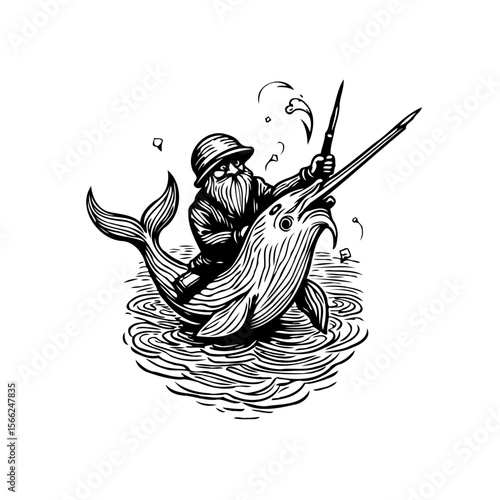 A whimsical adventure: Fisherman astride a majestic narwhal in a sea of dreams and wonder