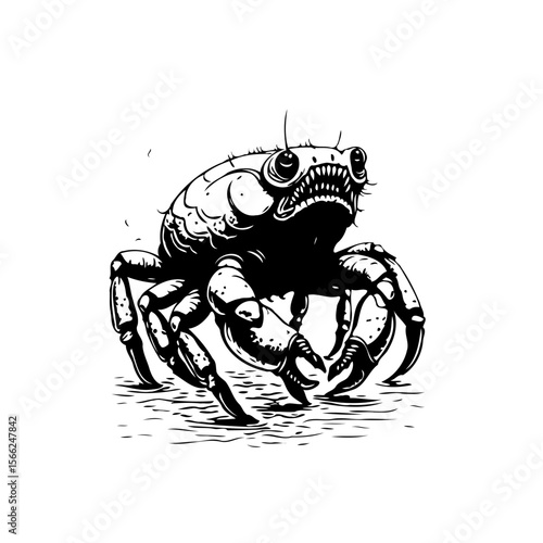 Creepy crab illustration with exaggerated features and strong contrast showcasing unsettling marine creature design and bold black and white aesthetic