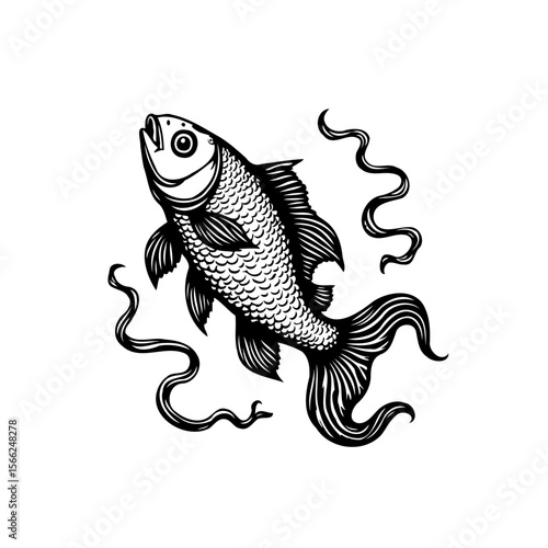 Elegant monochrome illustration of a fish swimming gracefully with flowing plants, showcasing artistic expression and nature's beauty