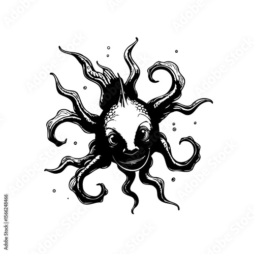 Mystical sun face illustration in black and white, artistic sun with whimsical expression radiates celestial energy