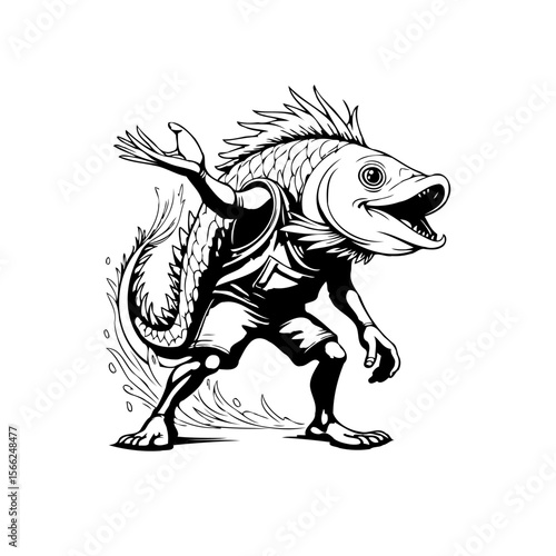 A whimsical and unique anthropomorphic fish character illustration featuring a hybrid creature standing on two legs wearing sports clothing