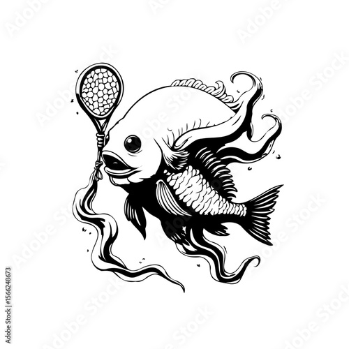 Abstract surreal illustration showcasing a fish combined with a badminton racket in monochrome drawing isolated