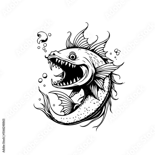 Detailed illustration of a ferocious fish with sharp teeth and bubbles, captivating monochrome drawing