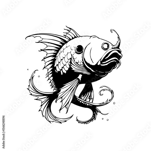 Black and white illustration of a unique fish with detailed fins and elaborate mustache design
