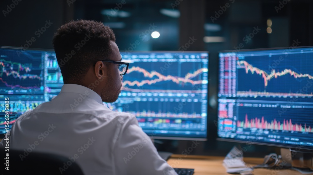 Trader Analyzing Financial Data on Multiple Monitors in Modern Office Environment at Night Trader Analyzing Financial Data on Multiple Monitors in Modern Office Environment at Night