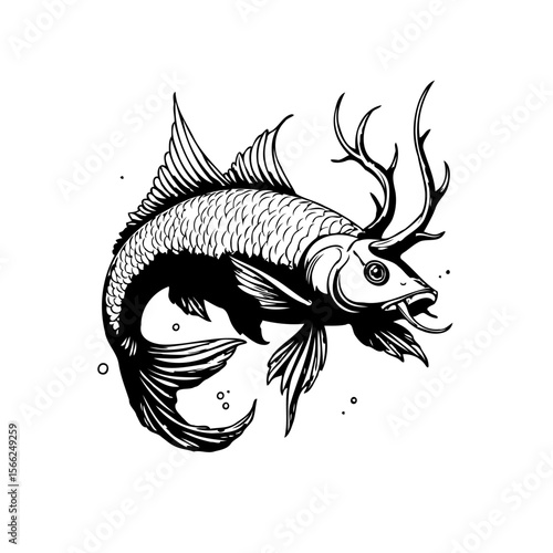 Conceptual artwork showcasing the surreal fusion of a fish and deer creating a mythical hybrid creature