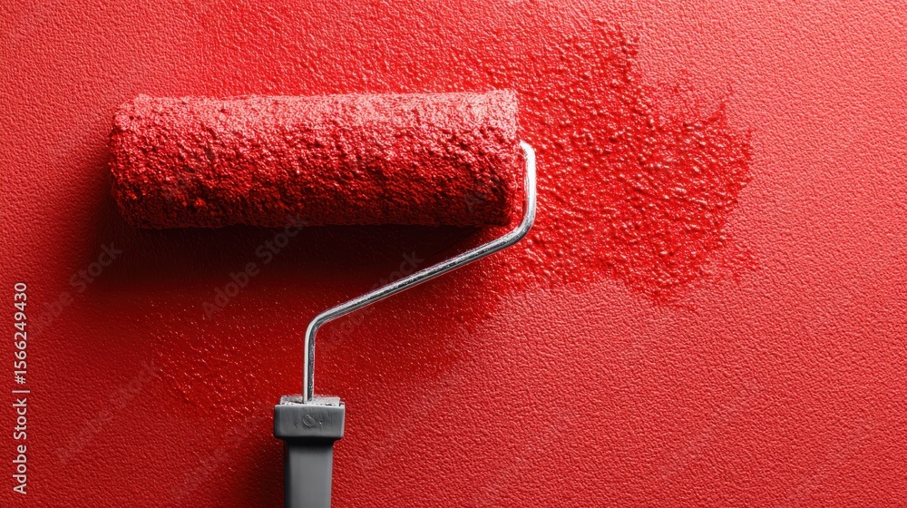 Obraz premium Red Paint Roller and Paint Streak on Smooth Red Wall Surface, Interior Design, Renovation Tool, Artistic Background