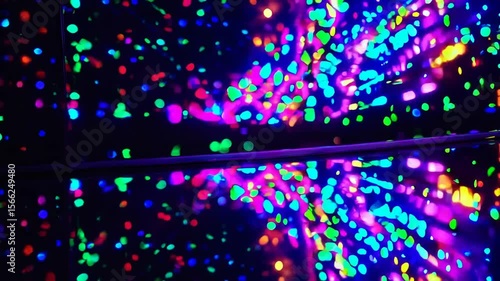 Colorful light display creates mesmerizing reflections in a dark room during an art installation