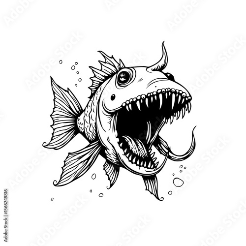 Line art drawing showcases a bizarre fish creature with sharp teeth and horns underwater scene