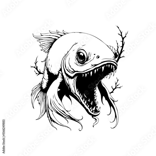 Monochrome fish portrait, showcasing intricate details with sharp teeth and aquatic foliage for dramatic effect and visual storytelling