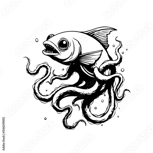 Intricate aquatic artwork showcasing fish tentacles sea creature wildlife illustration design concept originality style