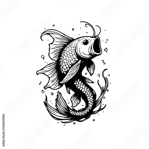 Detailed monochrome drawing of a koi fish with open mouth artwork illustration and clean background for decoration
