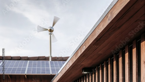 A rooftop with solar panels and a small wind turbine against a cloudy sky, showcasing renewable energy technology.