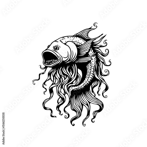 Detailed black and white illustration featuring an ornate fish design on a crisp white background highlighting intricate artistic elements
