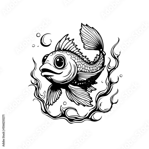 Elegant monochrome illustration displaying a stylized fish swimming gracefully in whimsical waves and bubbles