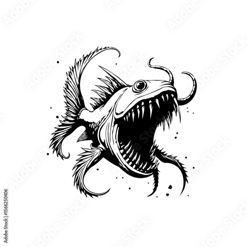 Detailed line art illustration of an anglerfish with sharp teeth, embodying the mysterious depths of the ocean