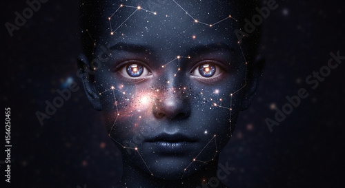 Child's Cosmic Mind: Starlit Face with Glowing Neural Network and Blue Eyes