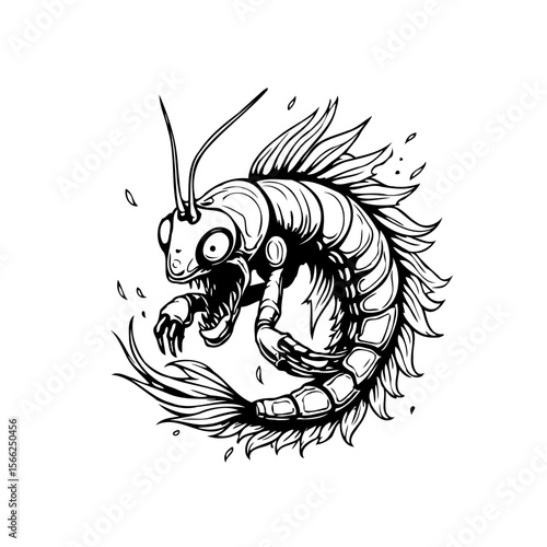 A unique illustration of a grotesque shrimp with a fish tail showing a menacing creature design and creepy style