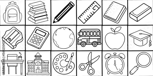 Back to School Concept Coloring Book Page – Outline Line Art Educational Theme for Kids and Adults