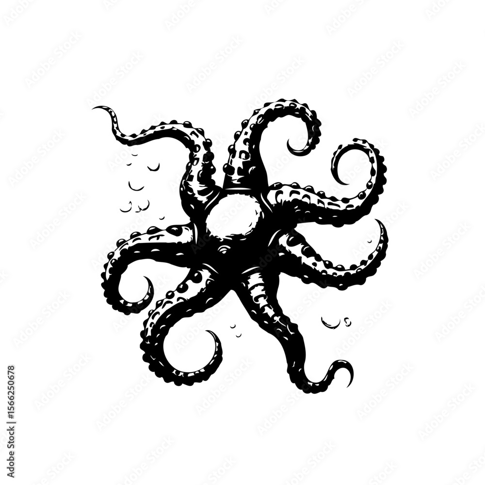 Obraz premium Detailed octopus illustration with swirling tentacles in a striking black and white aesthetic design vector